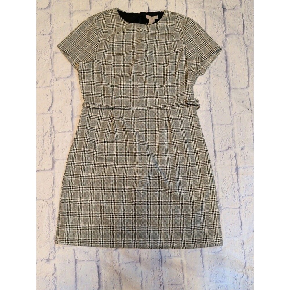 NWOT H & M Tweed Woman’s Size XL Black White Plaid Belted Sheath Dress Clueless